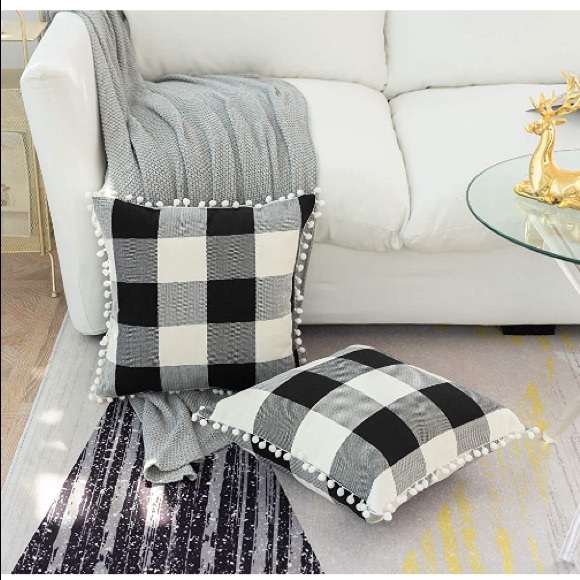 Classic Black/White Gingham Pompom Farmhouse Preppy Throw Pillow Cover Twin Set - Picture 5 of 10